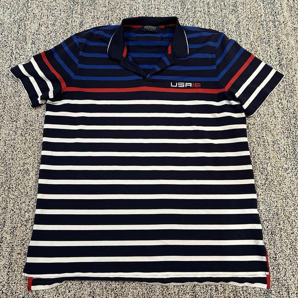 Ralph Lauren Polo Golf Shirt Men XL Blue Striped Performance USA 2016 Ryder Cup